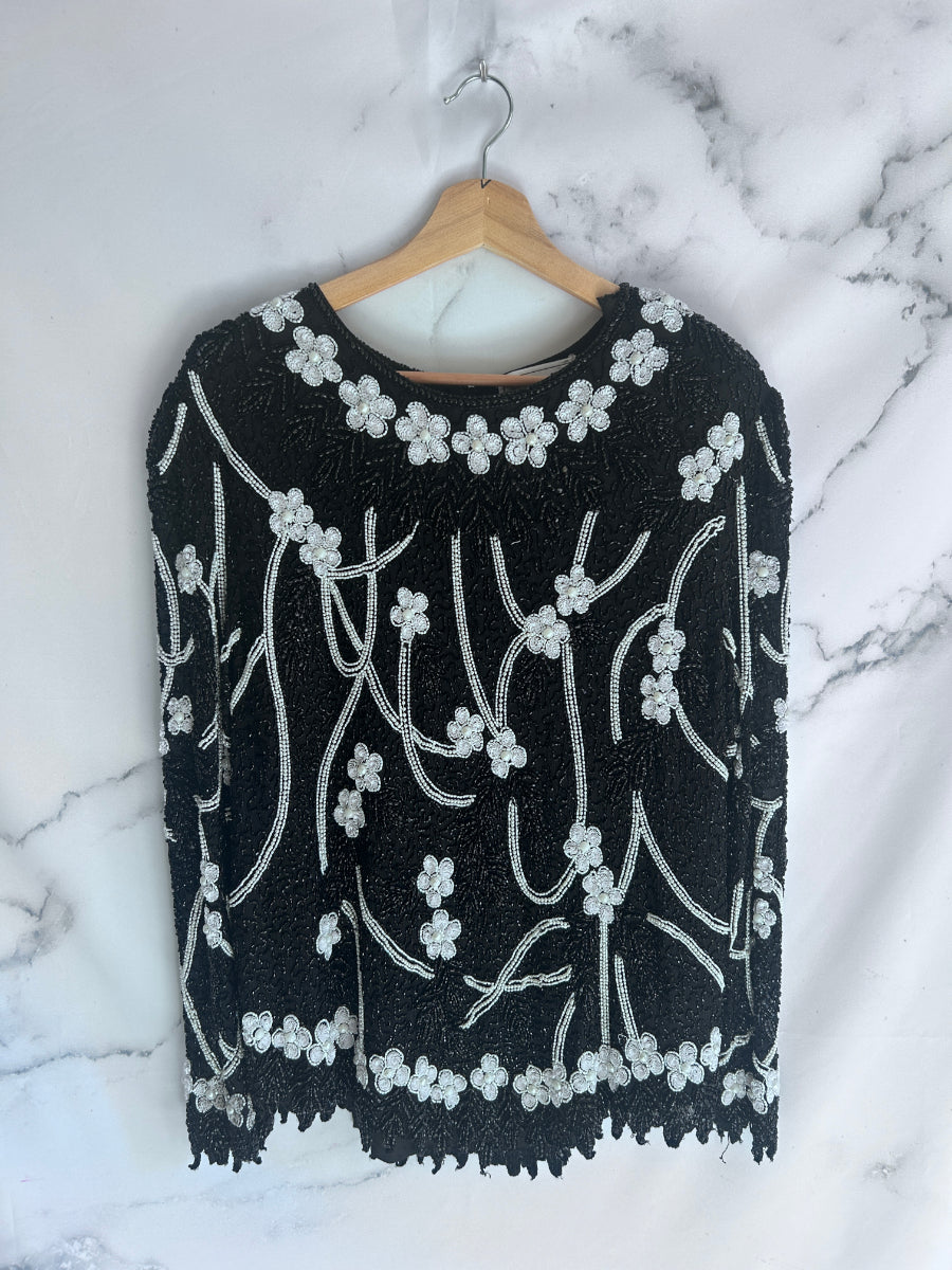 Blusa vintage de fiesta con lentejuelas en blanco y negro