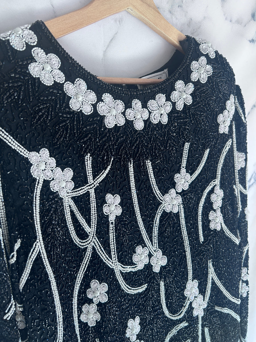 Blusa vintage de fiesta con lentejuelas en blanco y negro