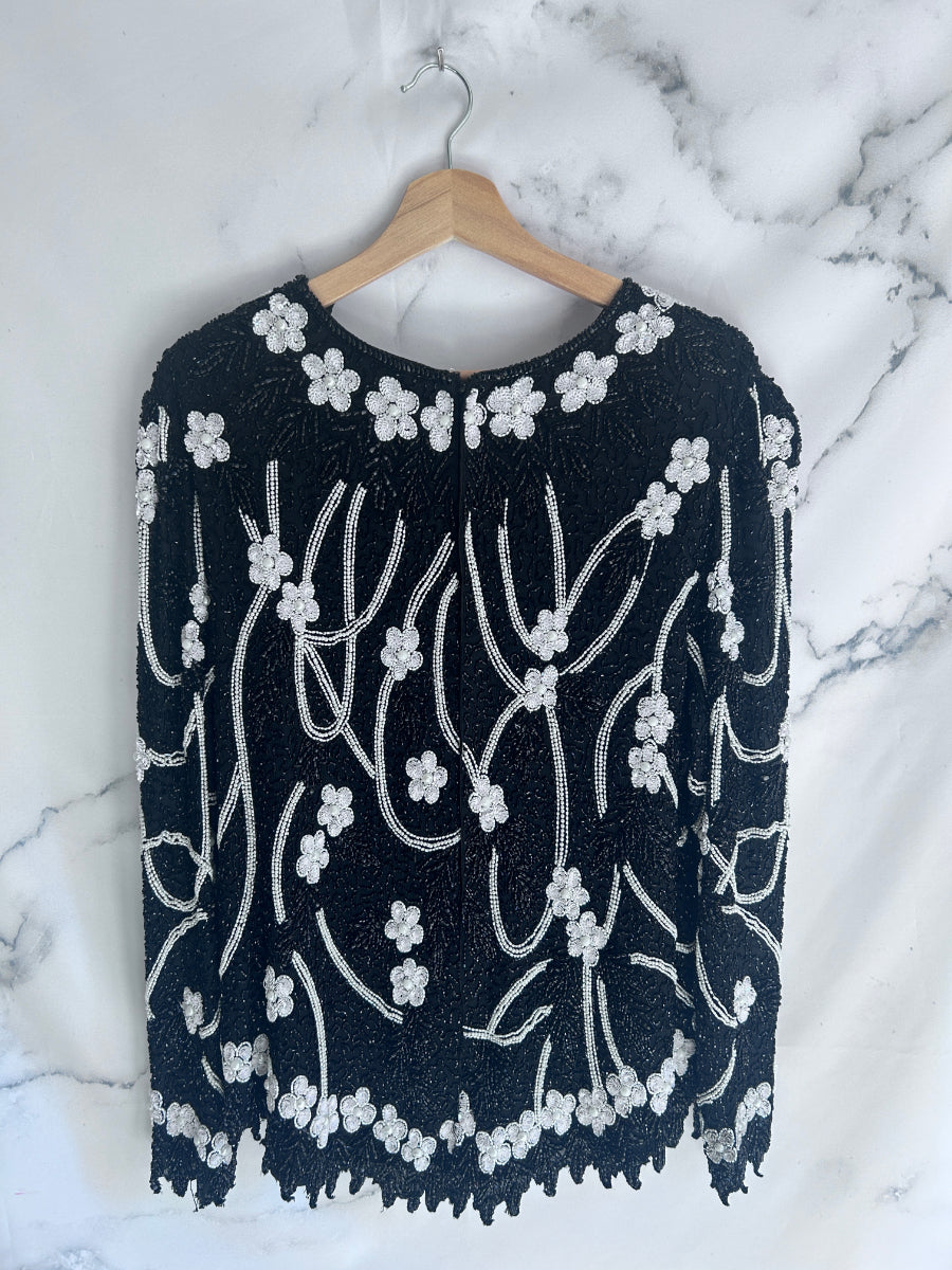 Blusa vintage de fiesta con lentejuelas en blanco y negro