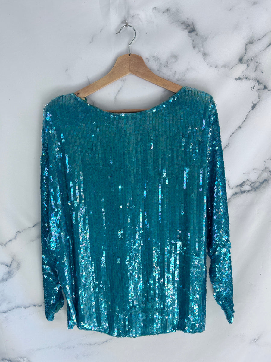 Blusa vintage de fiesta en color turquesa con lentejuelas