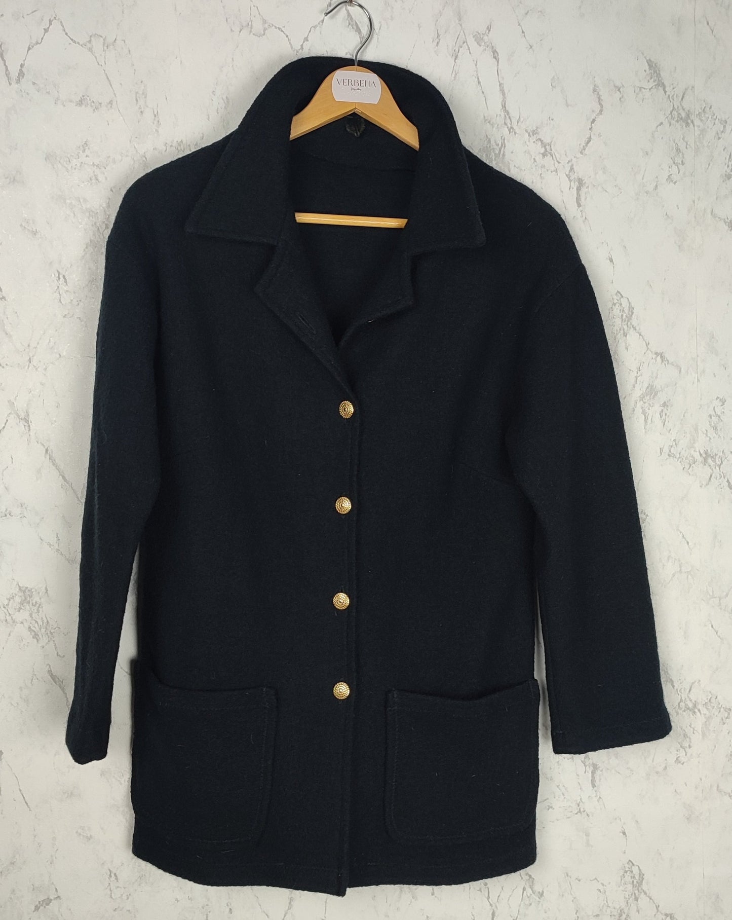 Black coat with gold buttons