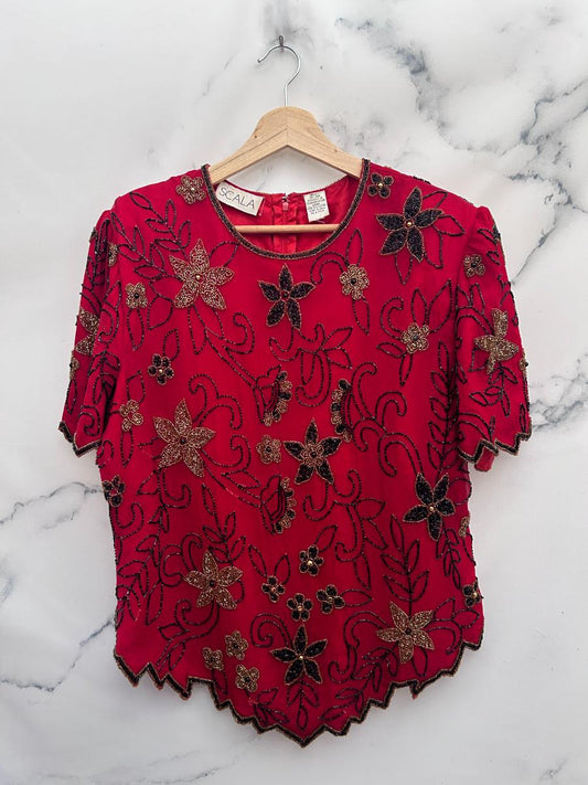 Blusa vintage de seda bordada con pedrería