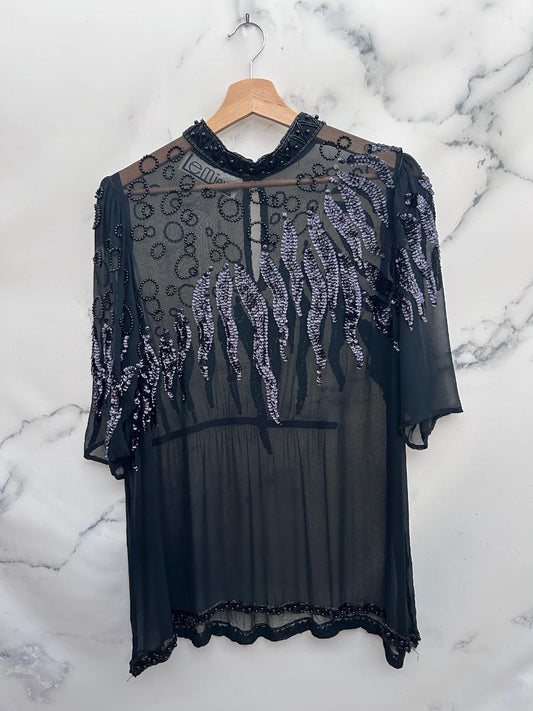 Blusa vintage negra transparente con lentejuelas