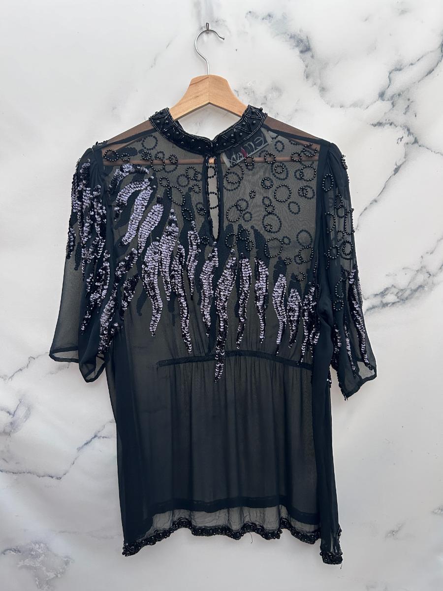 Blusa vintage negra transparente con lentejuelas