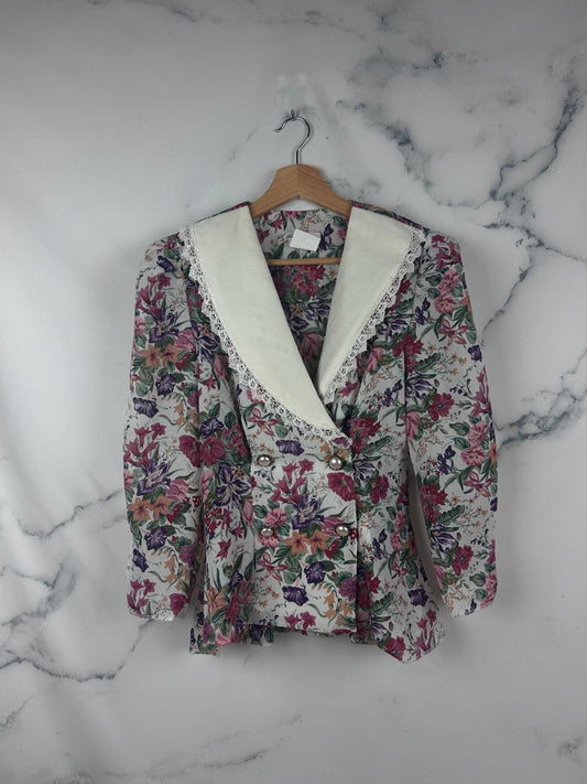 Blusa vintage tipo blazer con estampado floral y cuello blanco