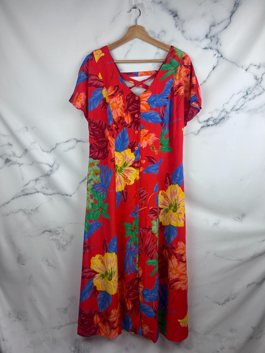 Vestido vintage rojo con estampado floral y espalda con lazada cruzada - Lavanda