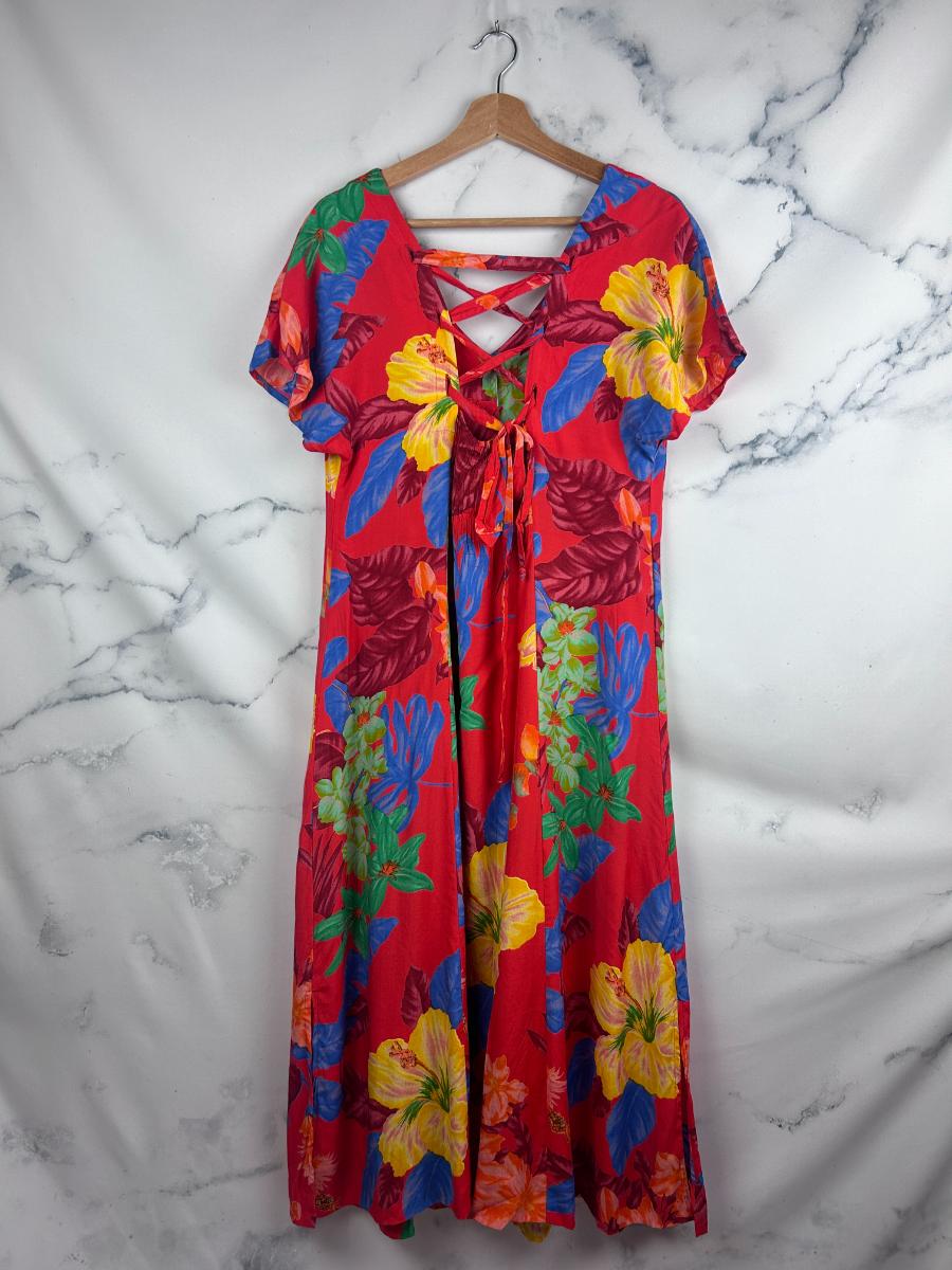 Vestido vintage rojo con estampado floral y espalda con lazada cruzada - Lavanda