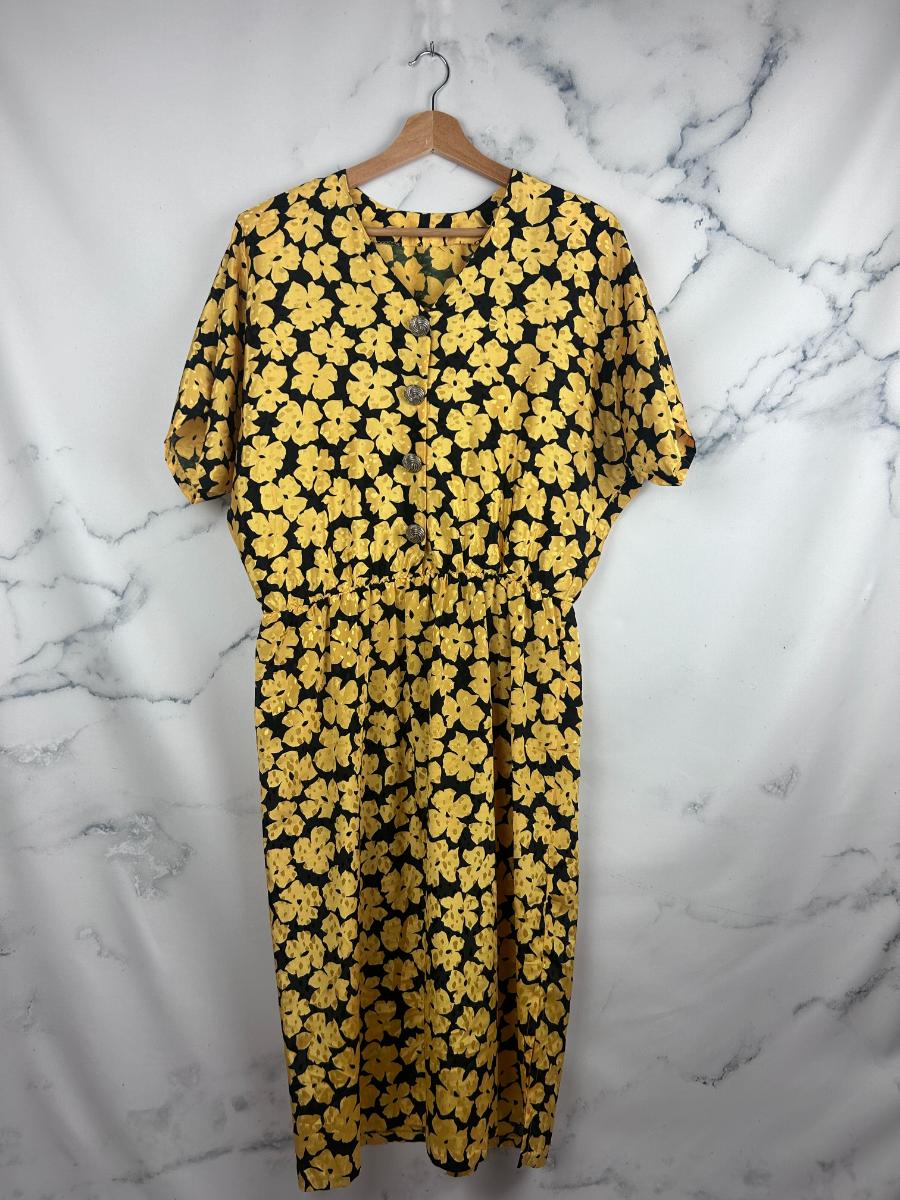 Vestido vintage amarillo y negro con estampado de flores - Clavel