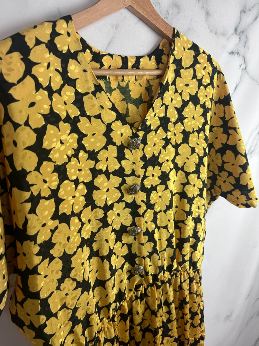 Vestido vintage amarillo y negro con estampado de flores - Clavel